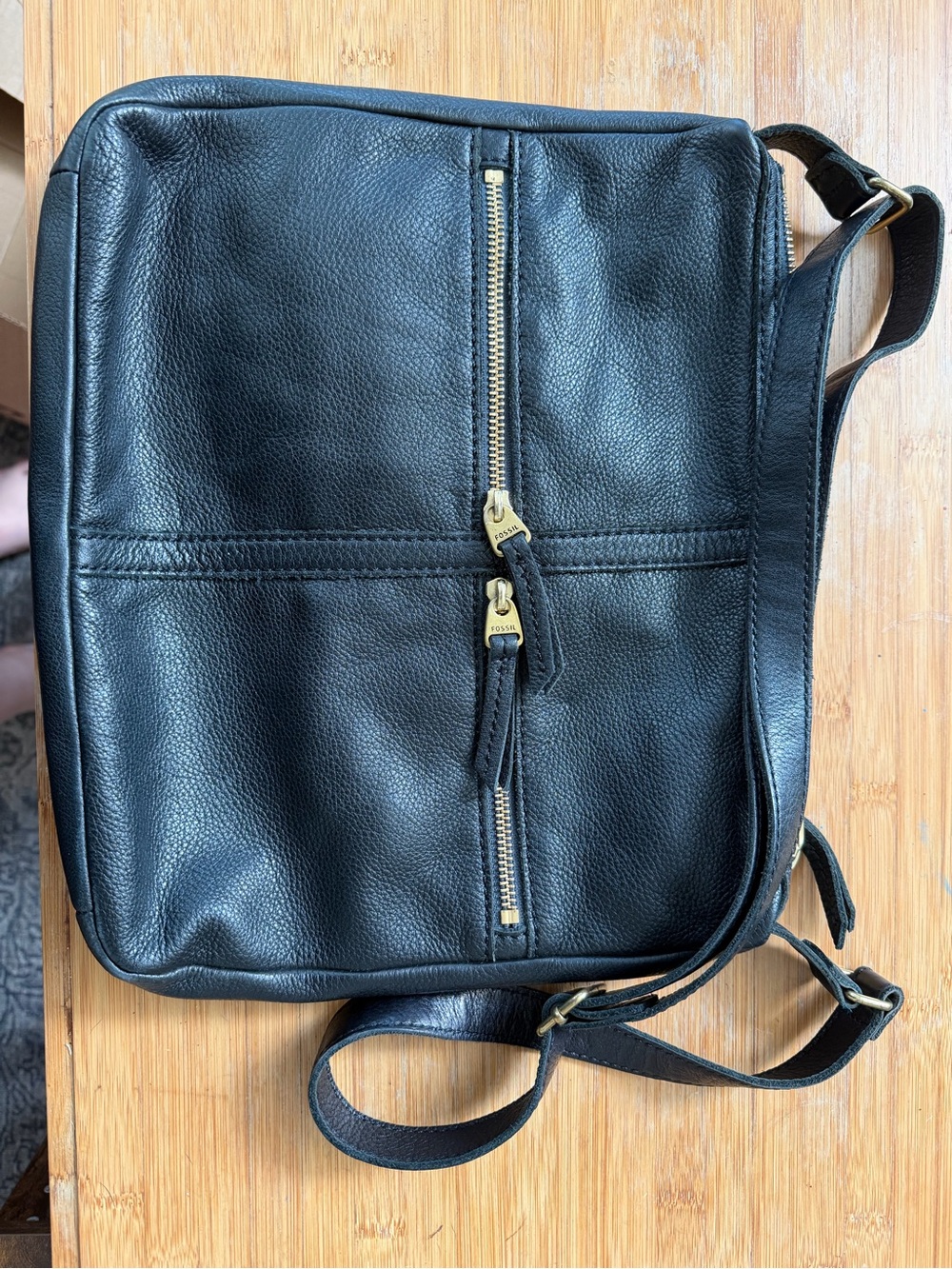 Fossil Black Leather Crossbody Bag with Gold Zippers